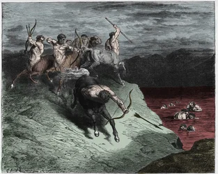 Inferno, Gesang 12: Die Zentauren greifen die Seelen im kochenden Blut an (Illustration aus Die Göttliche Komödie von Dante Alighieri, 1885)